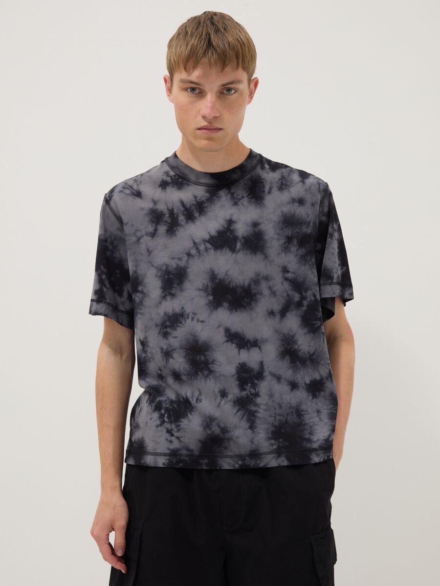 Blue pure cotton T-shirt with tie-dye print_0