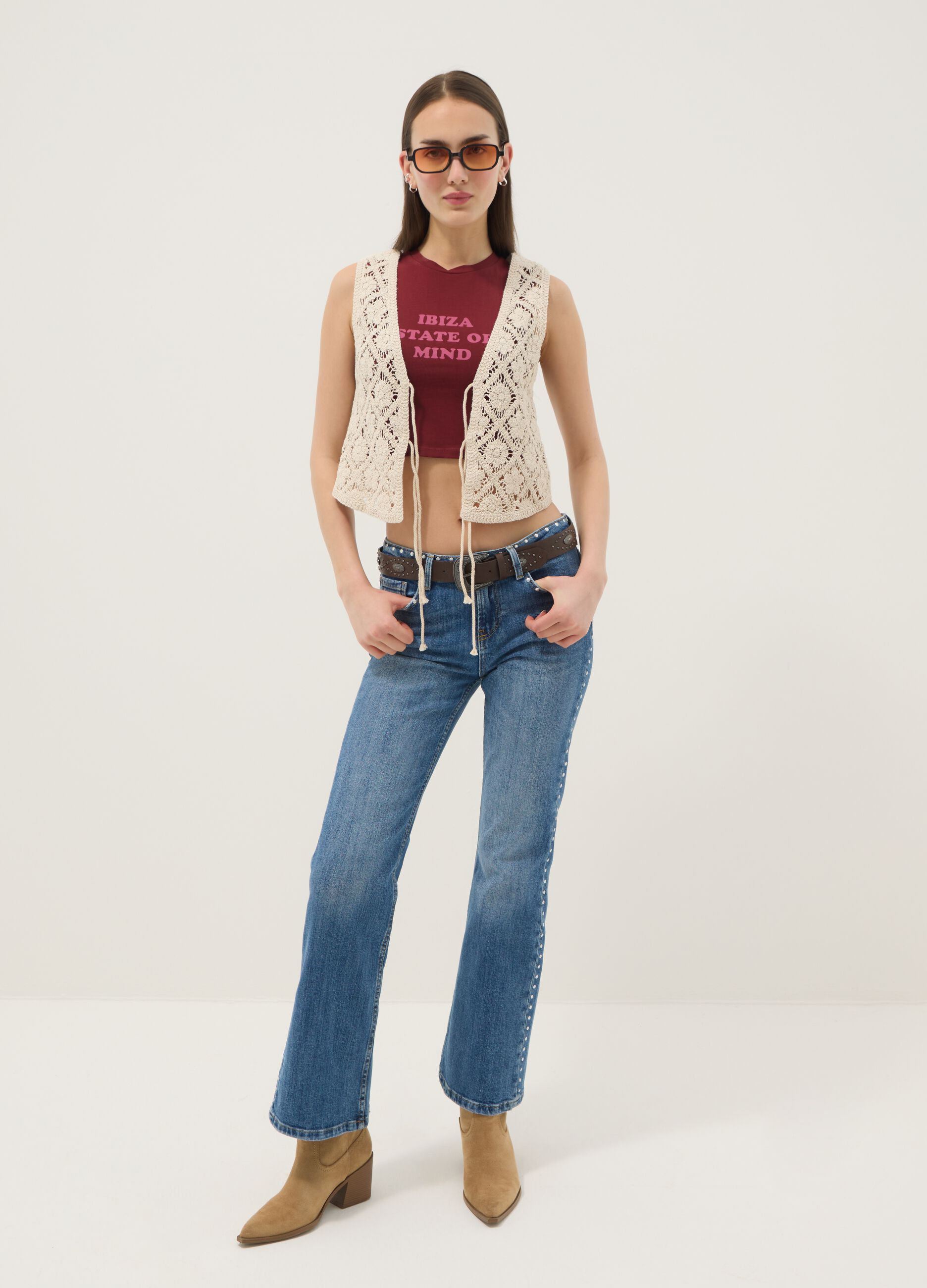 Beige Gilet in Baumwollmischung in Regular Fit mit floralem Strickdesign