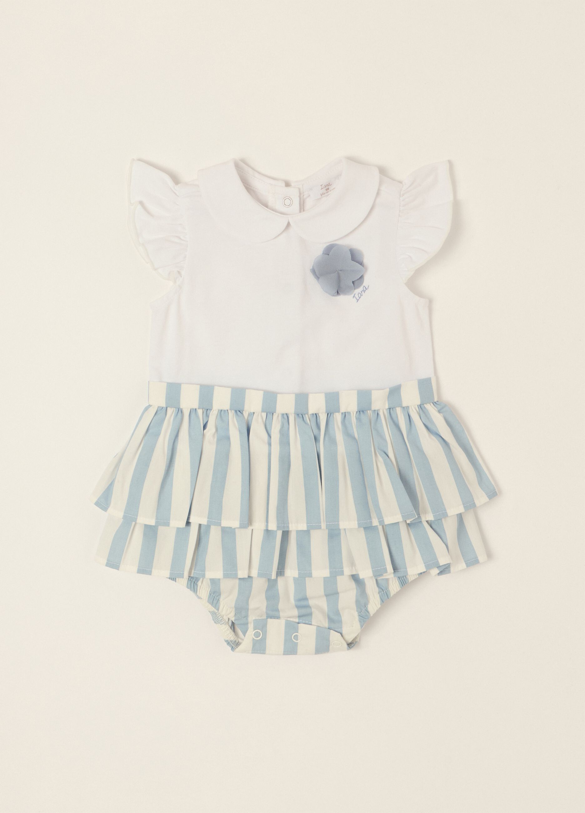 White and light blue stretch cotton baby girl romper