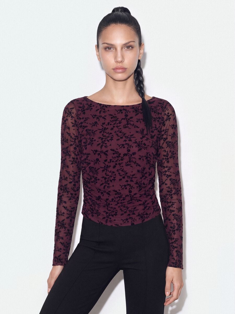 Purple stretch T-shirt with flocked floral motif_1