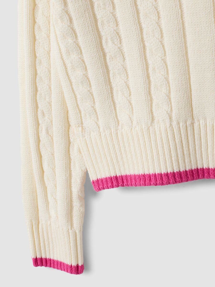 White pure cotton cable-knit V-neck jumper for girls_3