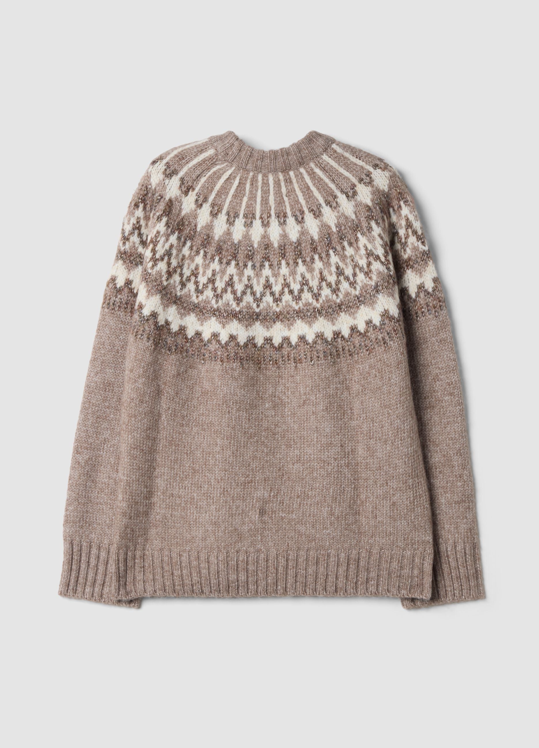 Beige jacquard crew-neck jumper, regular fit
