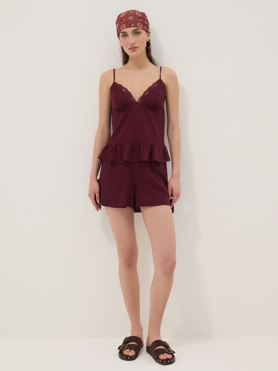 Burgundy viscose-linen blend lace top, regular fit_2