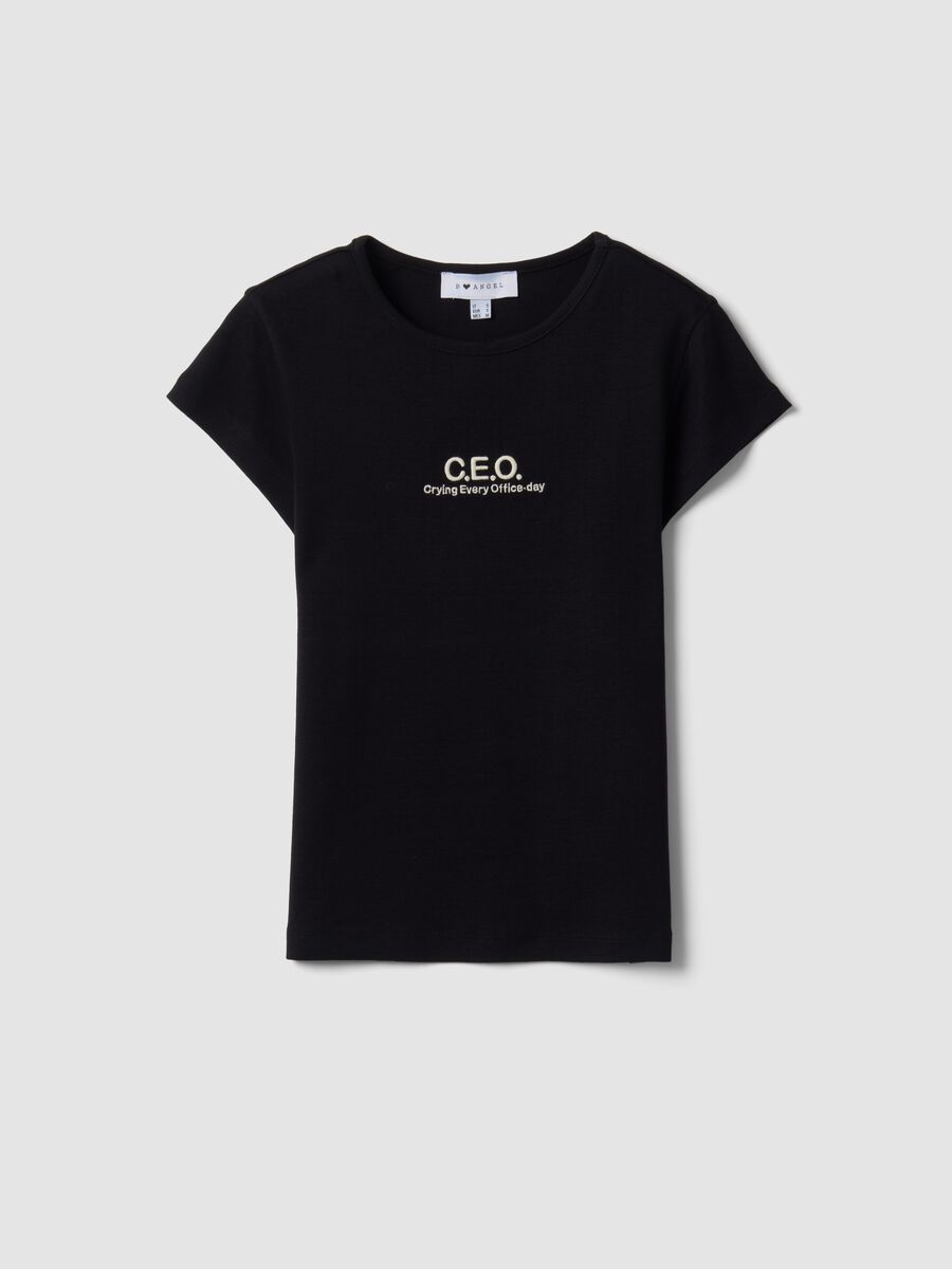 Black pure cotton crew-neck T-shirt with slogan_4