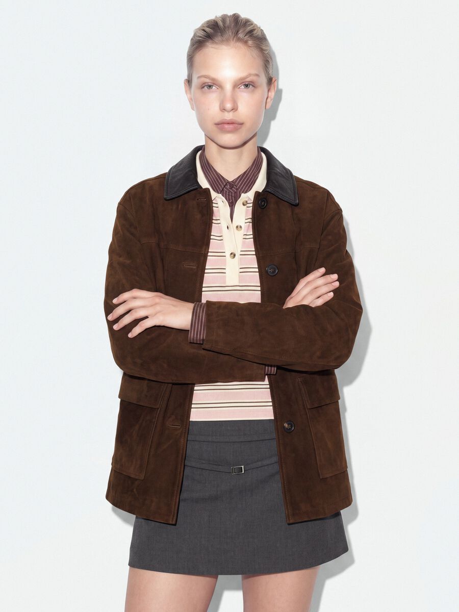 Brown regular-fit shacket with contrast collar_0