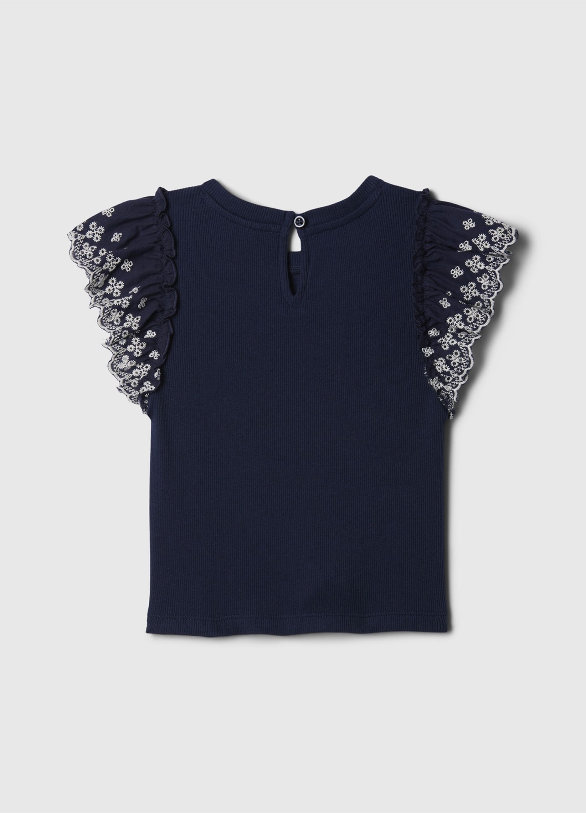 Ribbed T-shirt with flounce in broderie anglaise