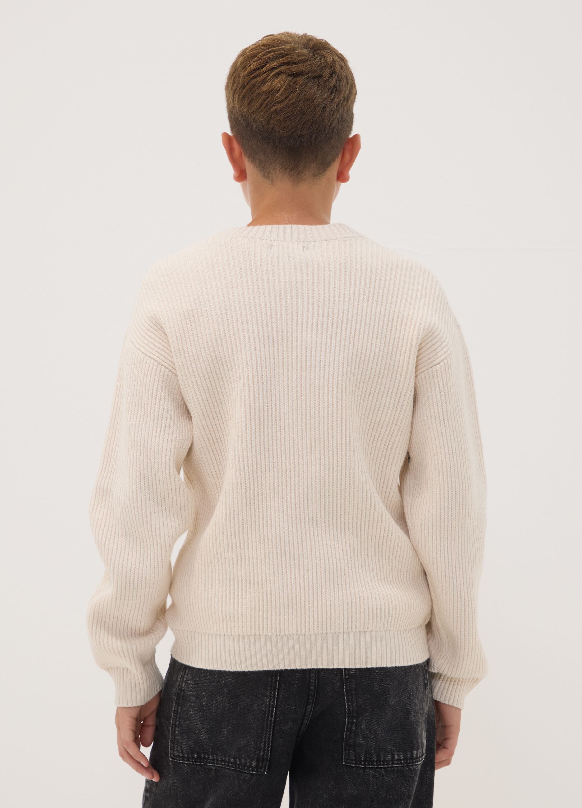 Beige oversized cotton-blend ribbed crew-neck top for boys