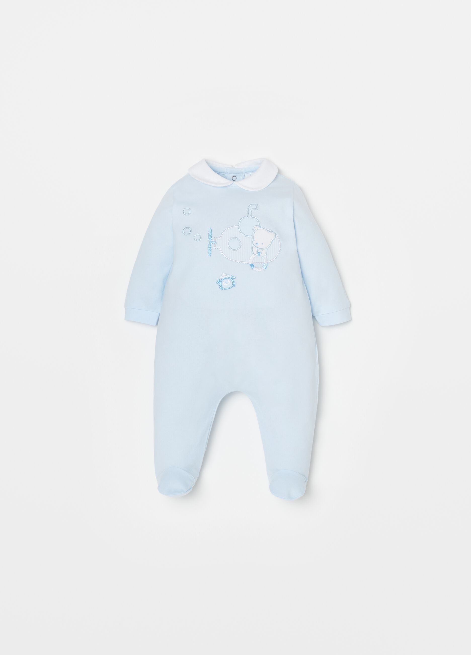 Jersey onesie with feet and teddy bear patch