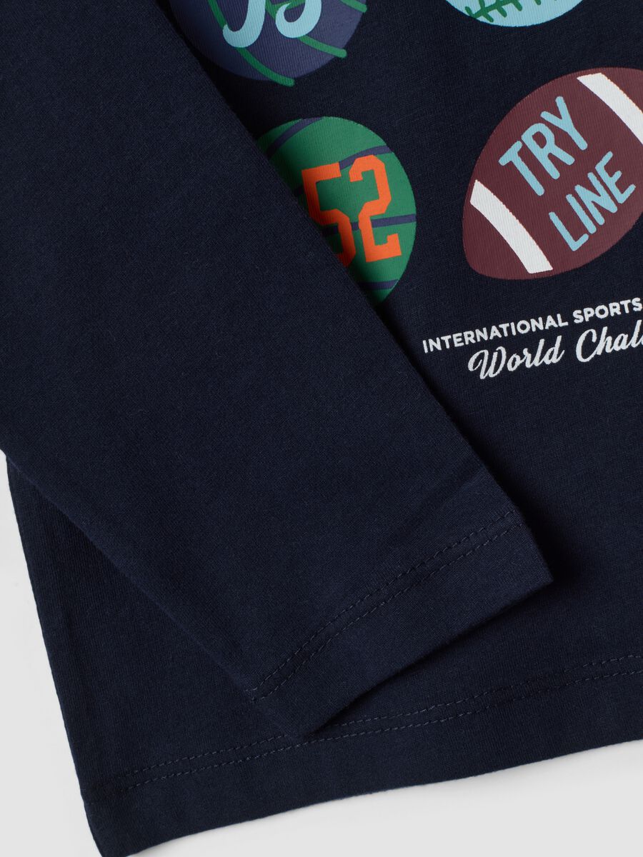 T-shirt blu in puro cotone organico con stampa college_3
