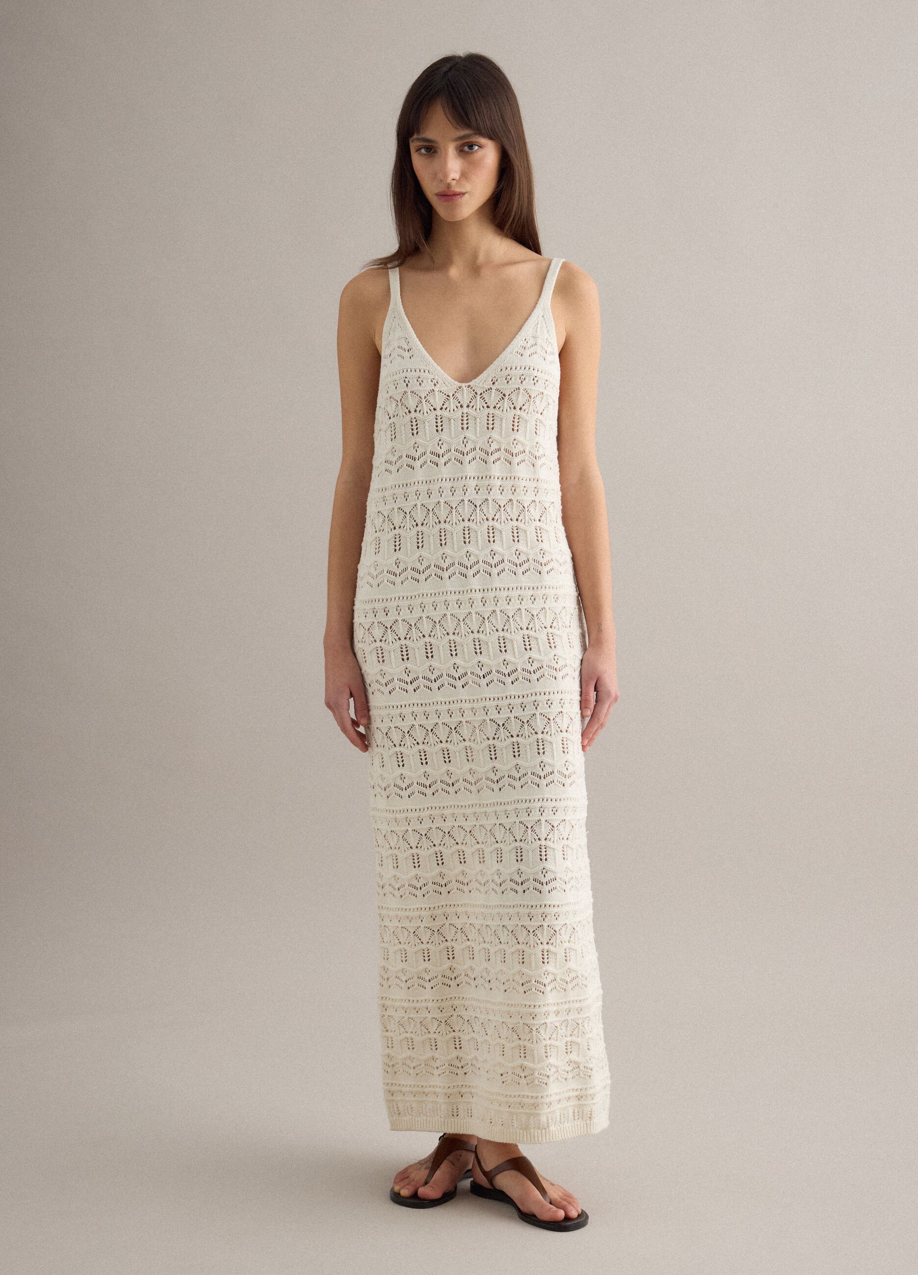 Long white pure cotton slim fit dress with mesh texture