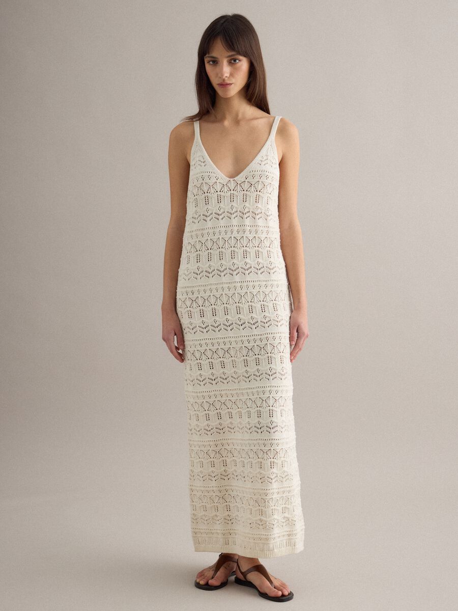 Long white pure cotton slim fit dress with mesh texture_0