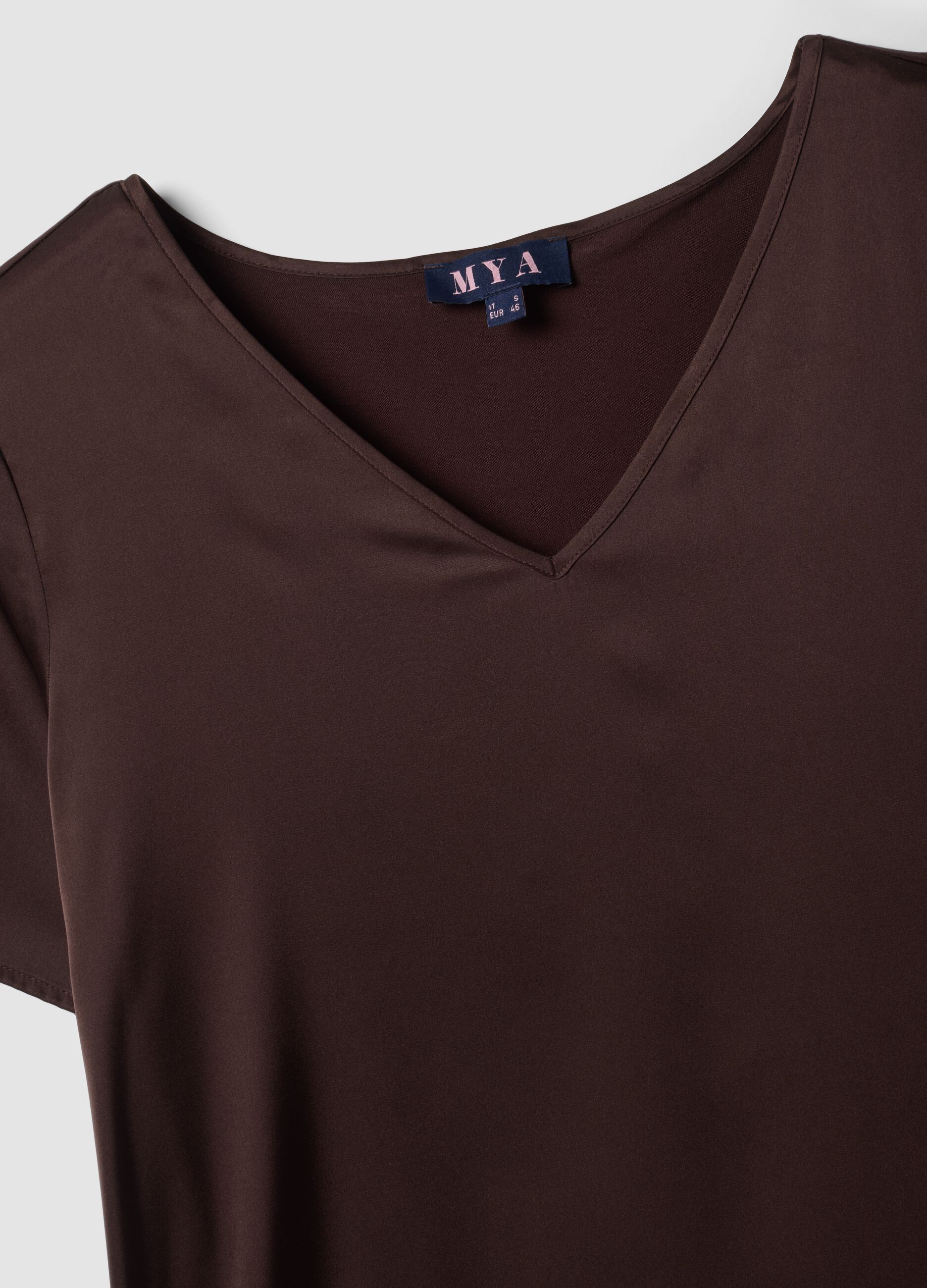 Brown satin V-neck stretch blouse, regular fit