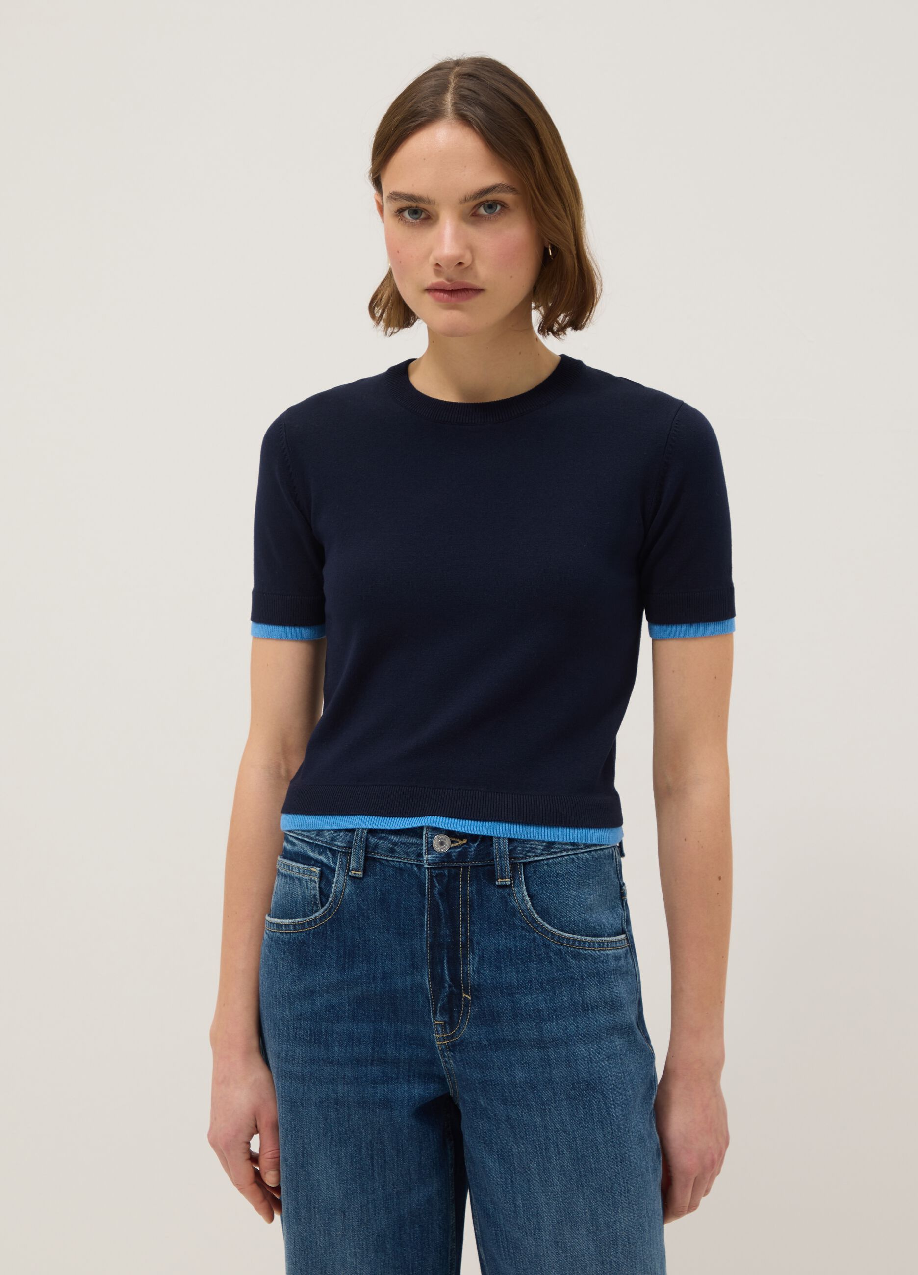 Camisola azul de mistura de viscose com gola redonda, ajuste regular