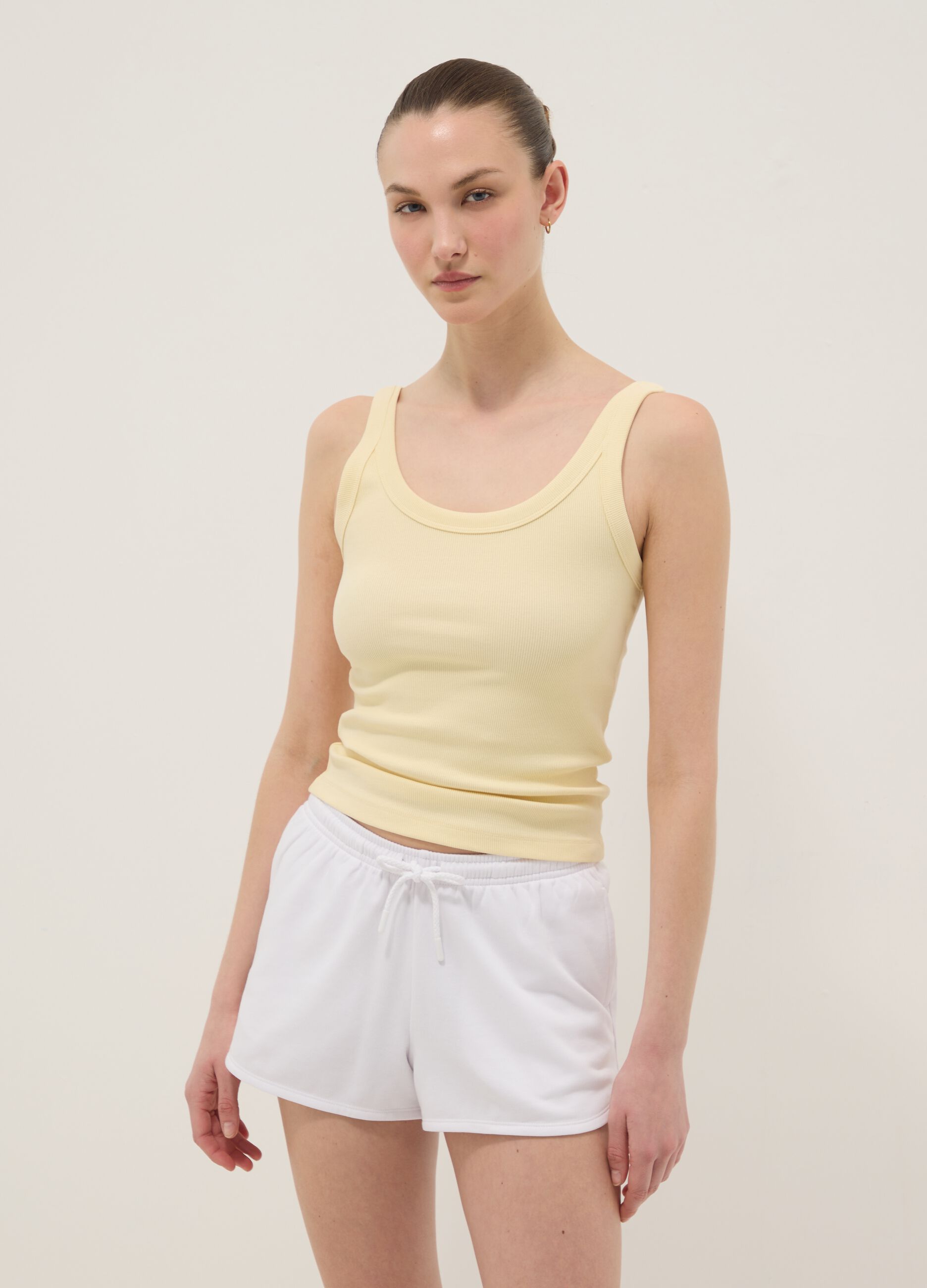 Yellow ribbed stretch cotton tank top