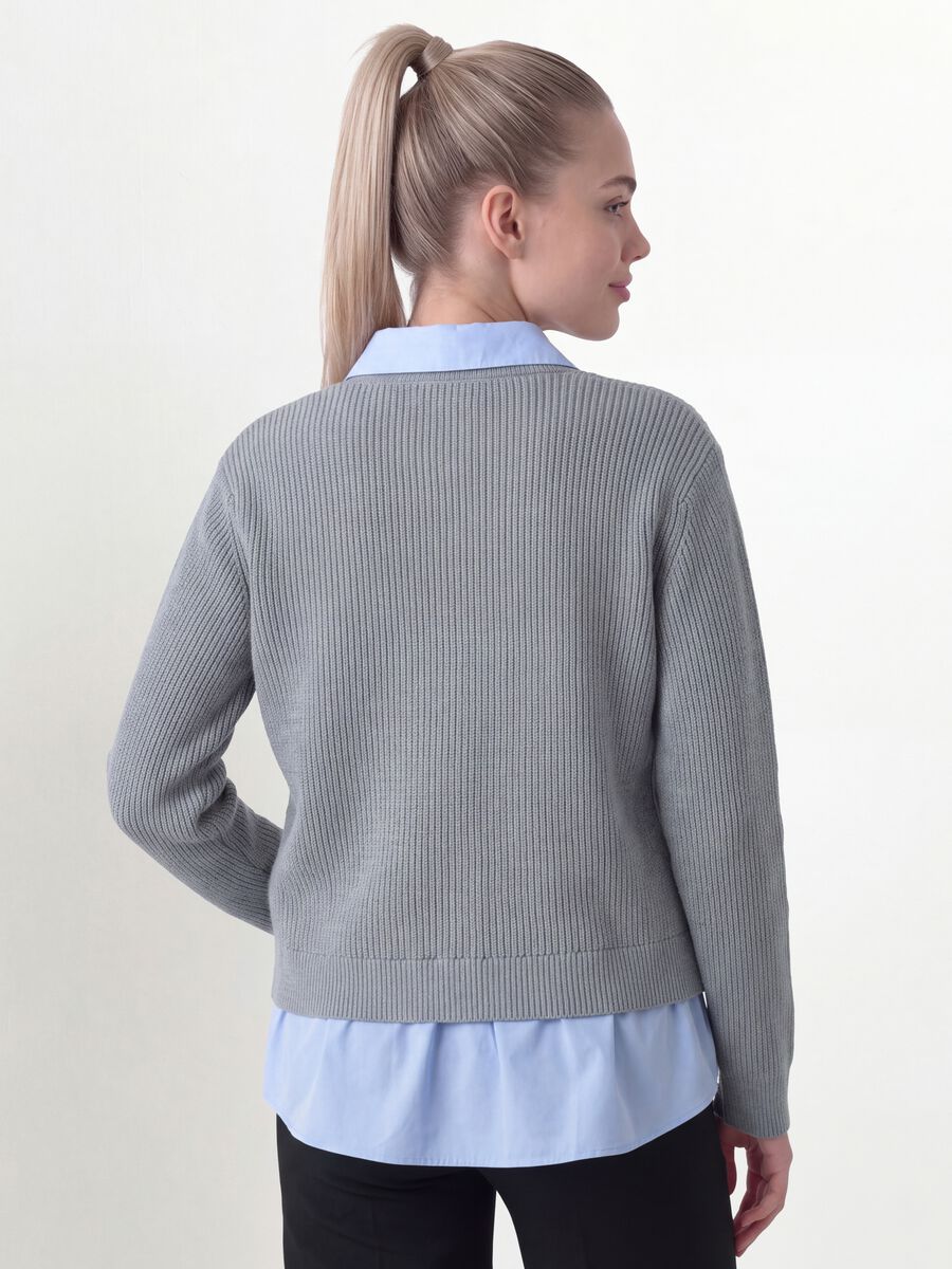 Grey rib-knit regular-fit cardigan with collar and layered-look detail_3