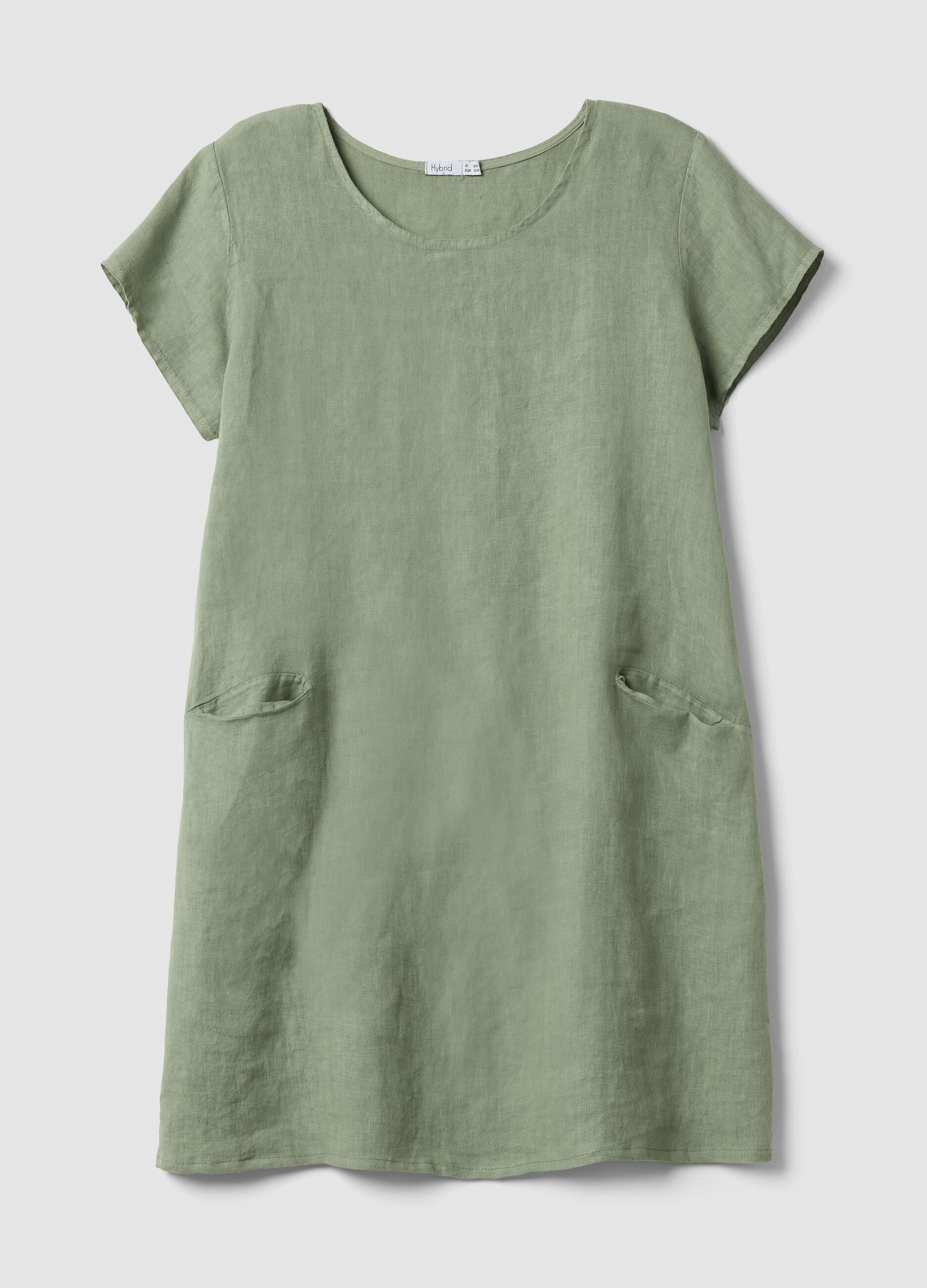 Green pure linen dress with patch pockets, regular fit
