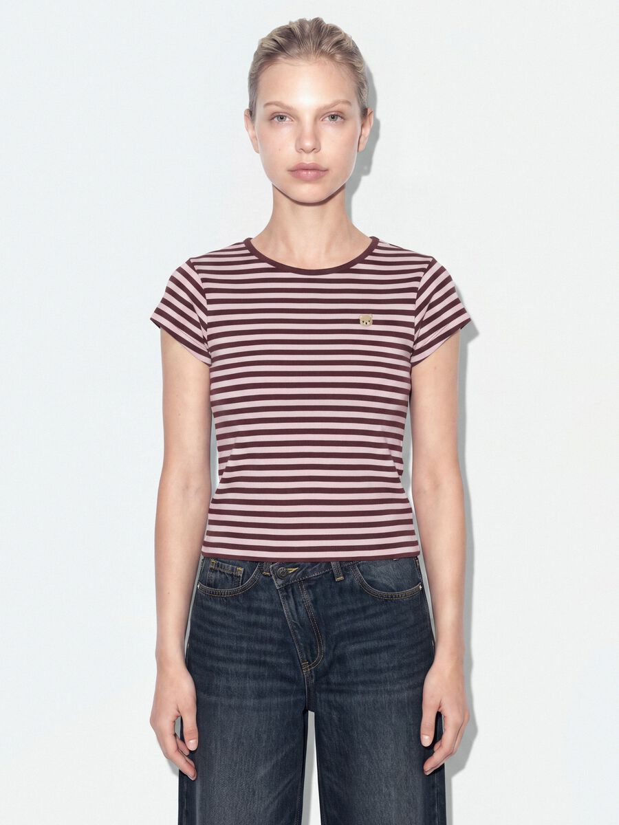 Brown pure cotton crew-neck striped T-shirt_1