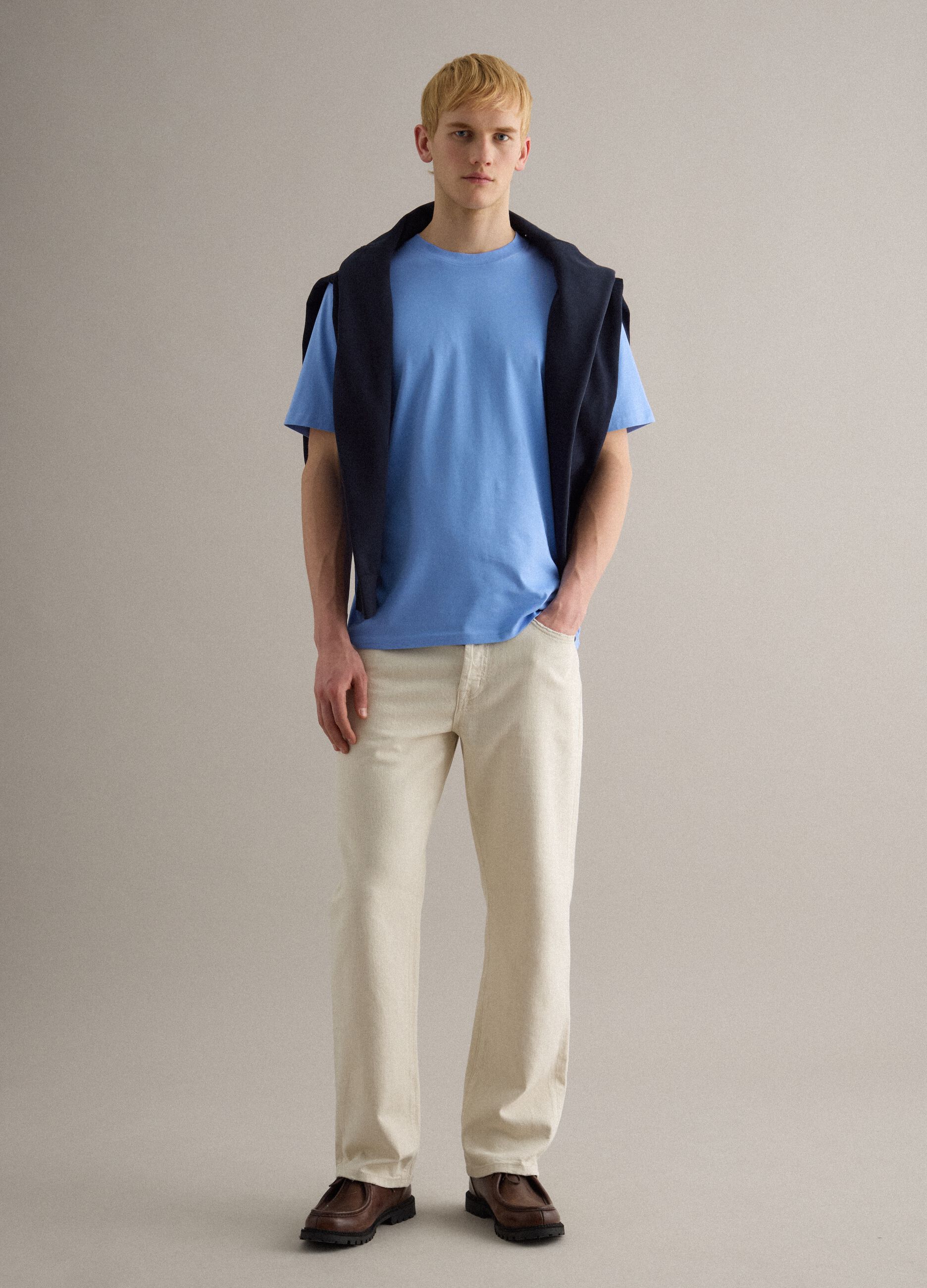 Light Blue Crew Neck Pure Cotton T-shirt Relaxed Fit