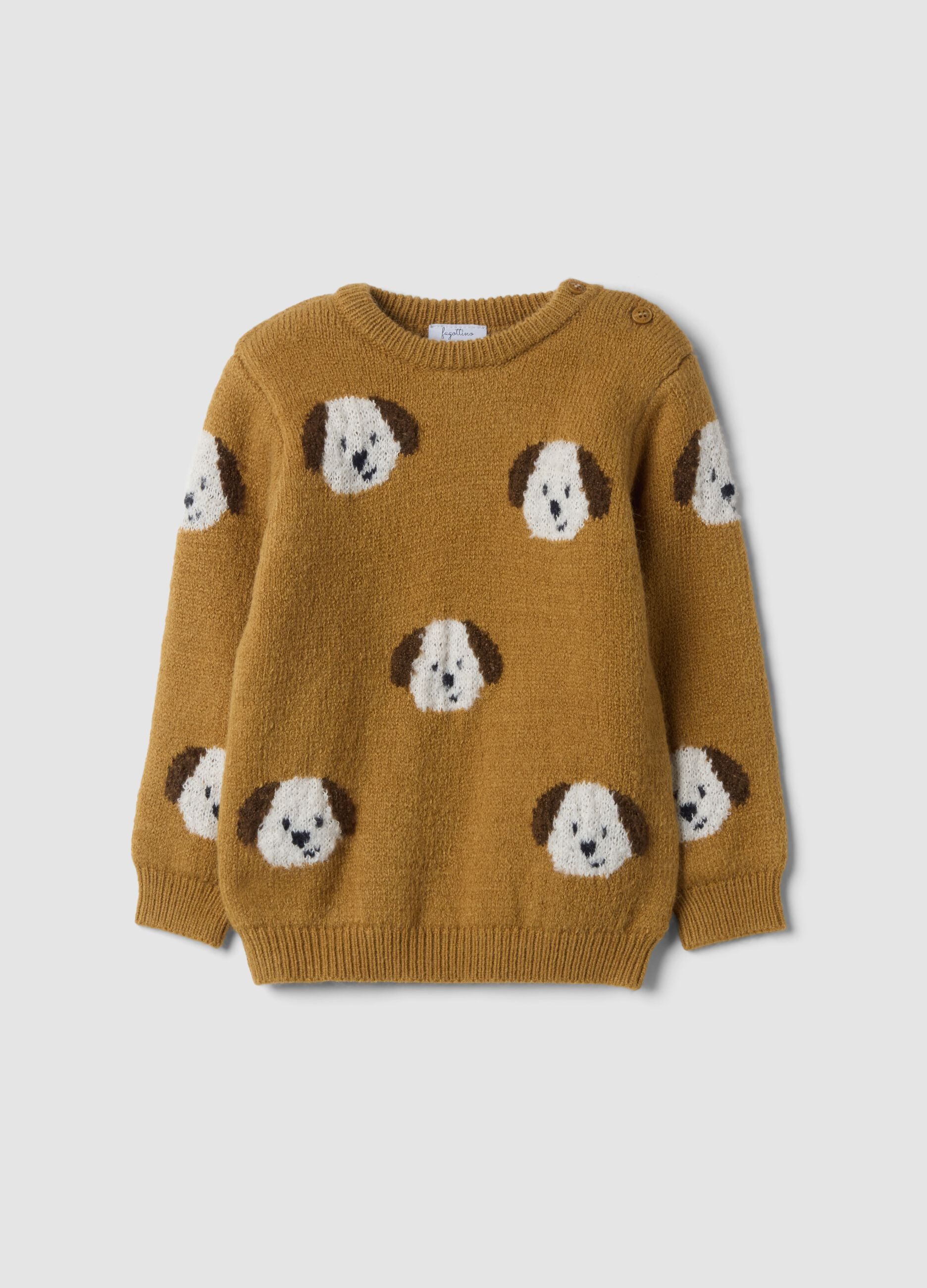 Maglione marrone girocollo jacquard con cagnolini