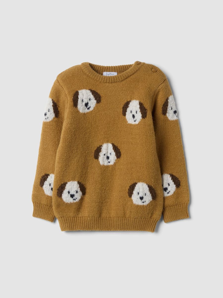Maglione marrone girocollo jacquard con cagnolini_0