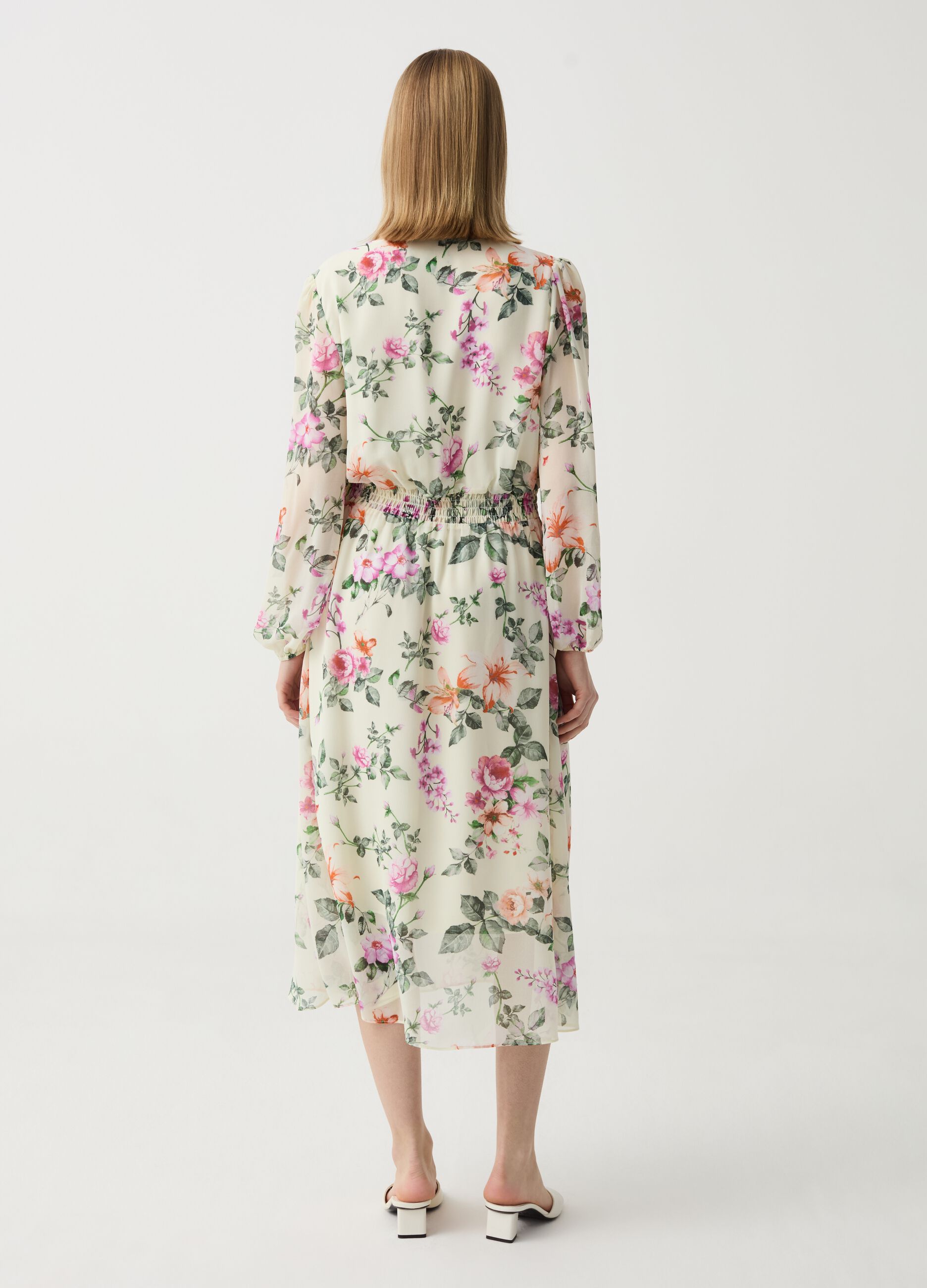 Long floral dress with smock stitch