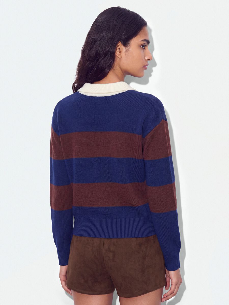 Blue striped viscose-blend polo-collar top, regular fit_2