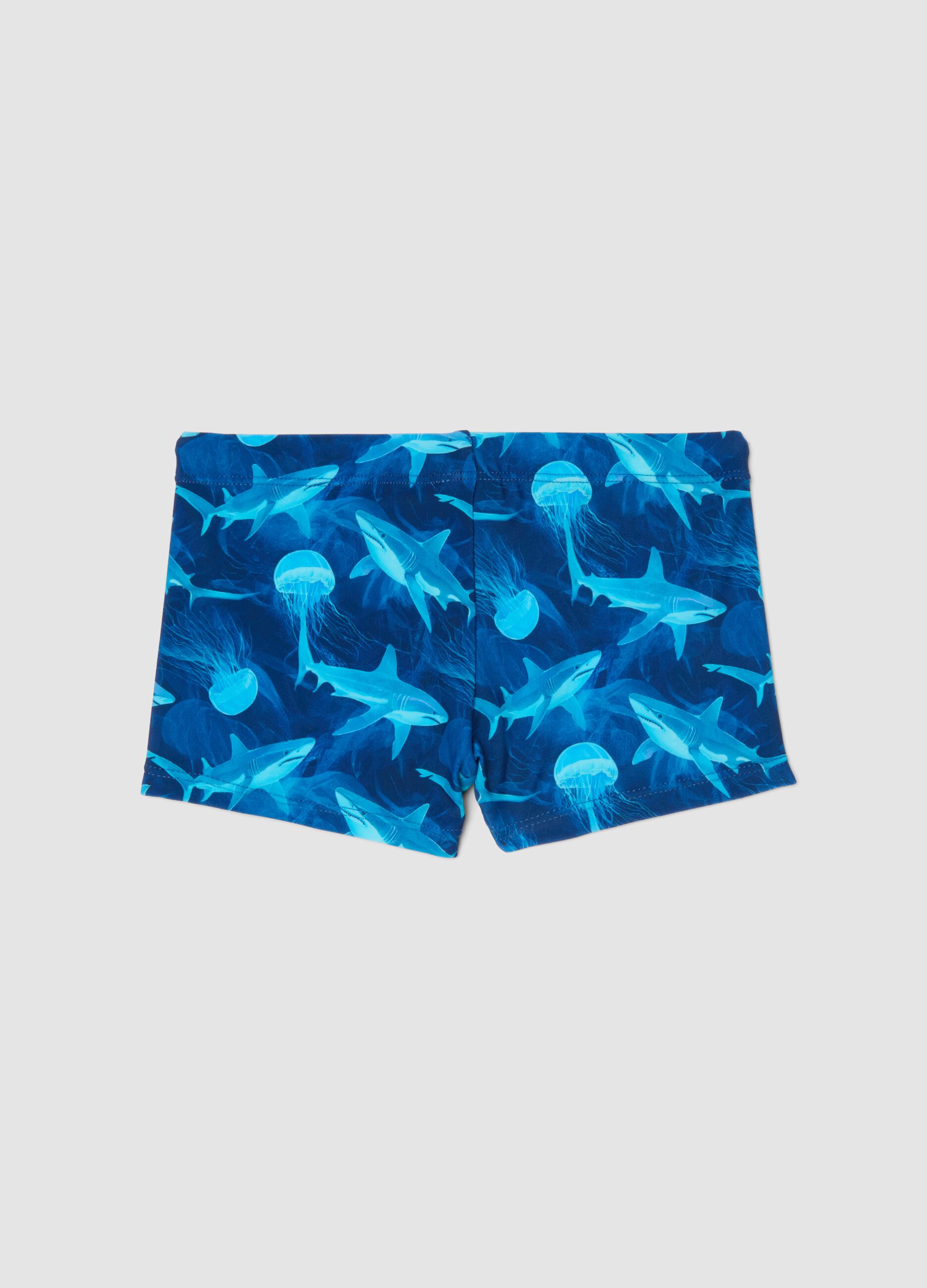 Blaue Stretch-Badeboxershorts mit Haiprint