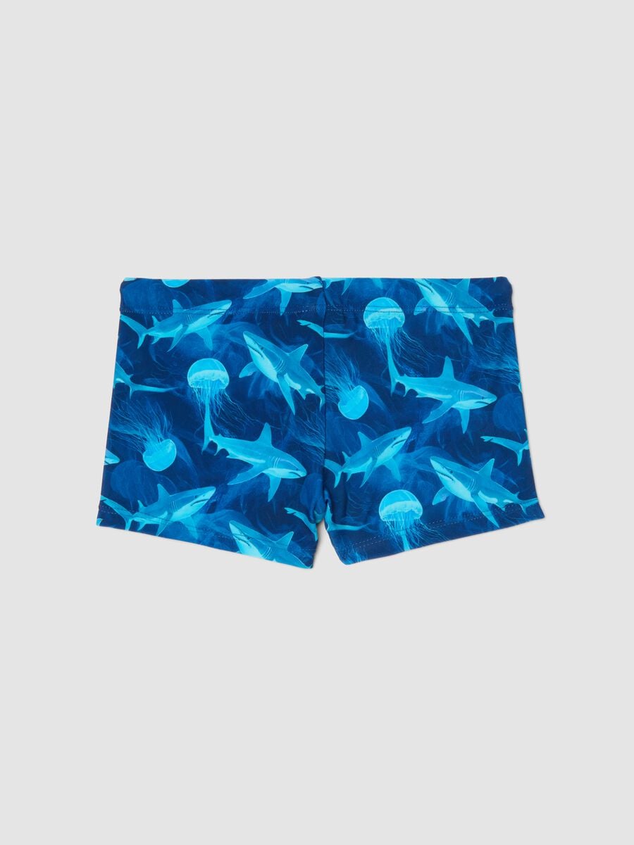 Blaue Stretch-Badeboxershorts mit Haiprint_1