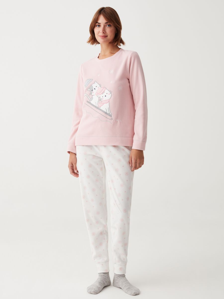 Fleece pyjamas with Christmas cat embroidery_0