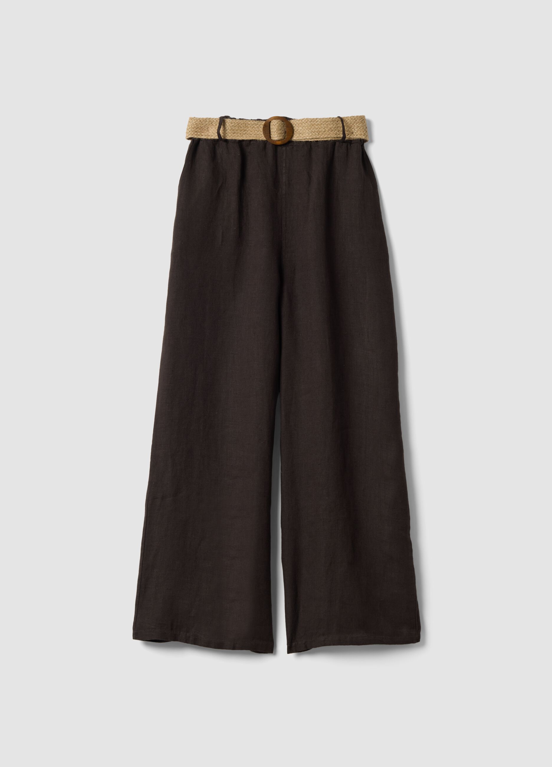 Braune Wide-Leg-Hose aus reinem Leinen mit elastischem Bund
