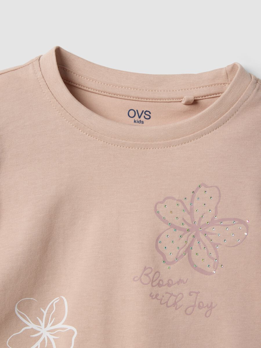 Girls&rsquo; beige pure cotton T-shirt with ruffles and rhinestones_2