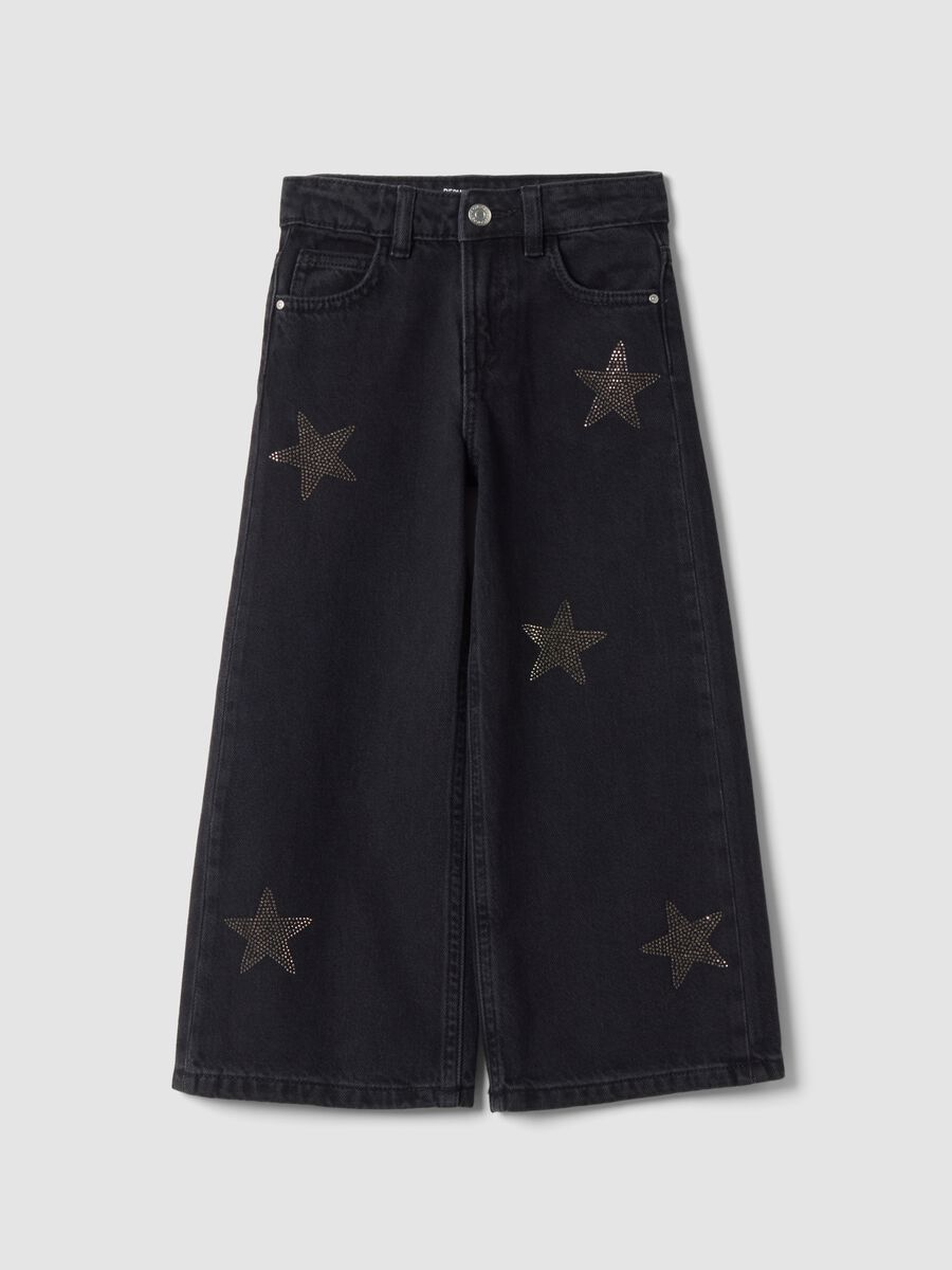 Blue pure cotton wide-leg jeans with stars_5