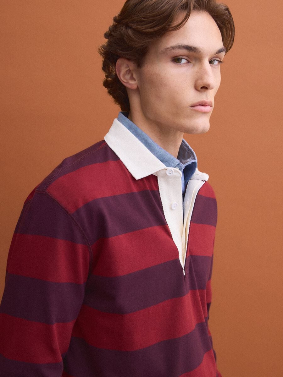 Red pure cotton striped long-sleeve rugby polo, regular fit_3