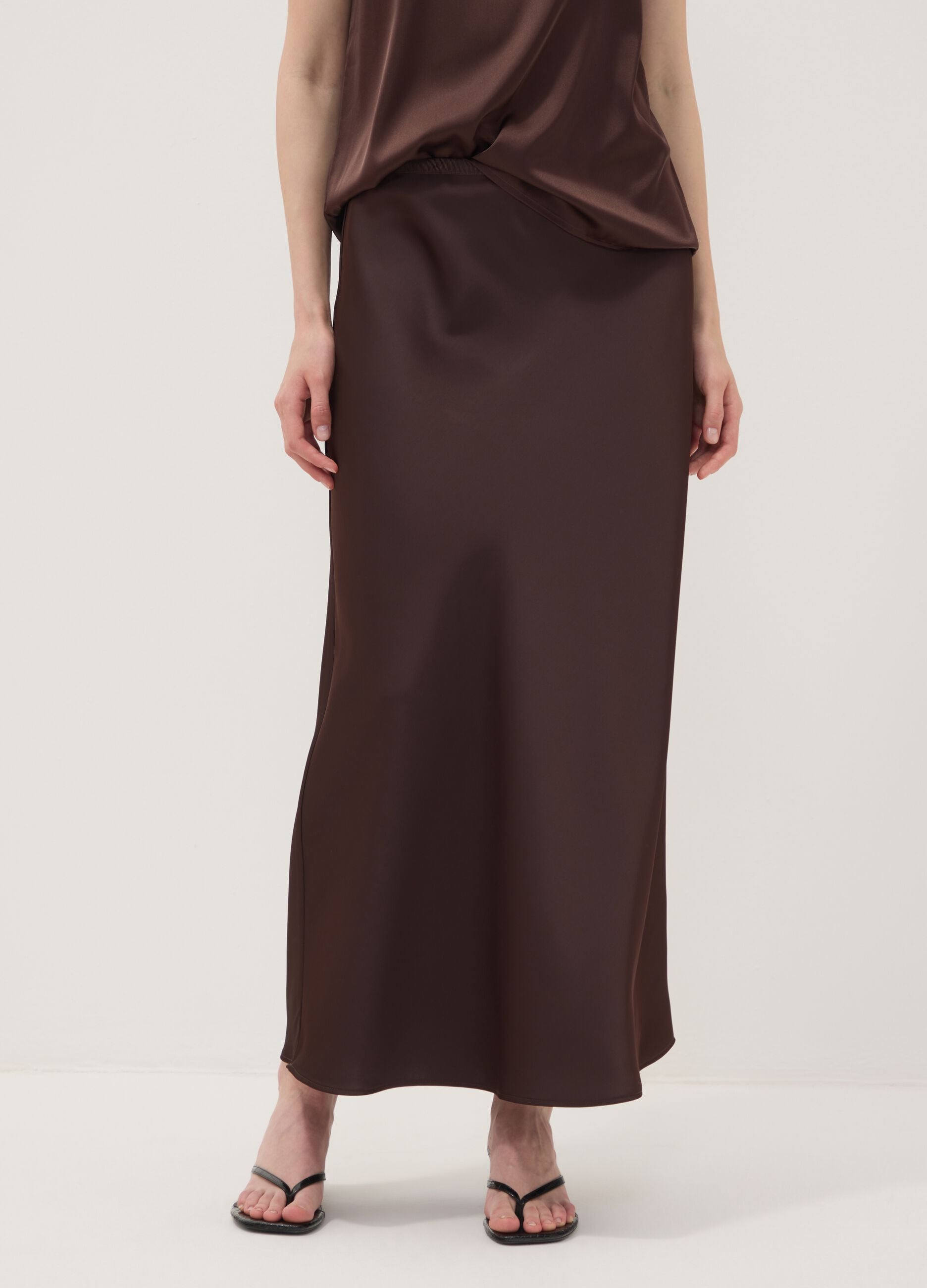 Brown satin maxi skirt with elasticated waistband