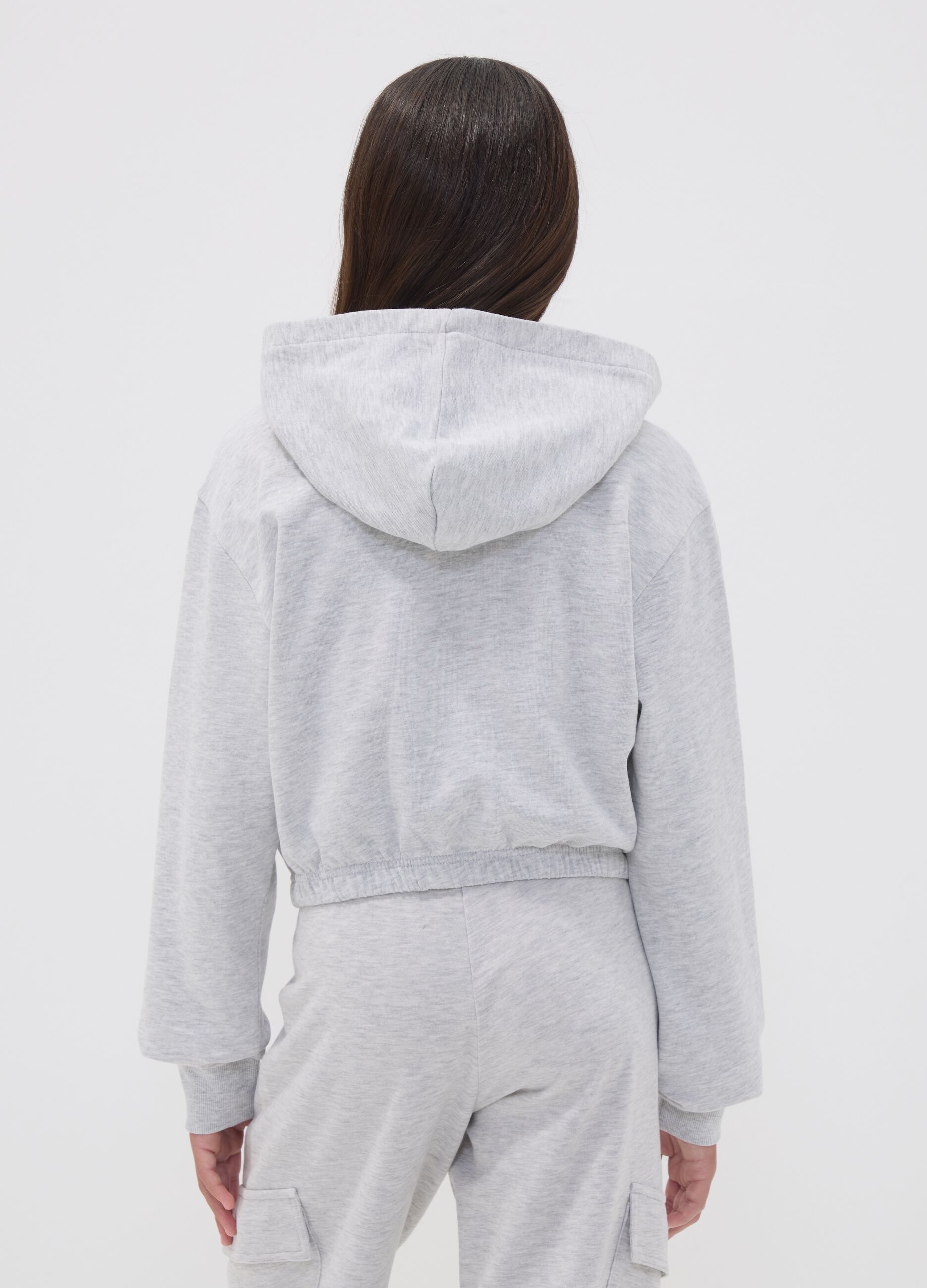 Girls&rsquo; short grey pure cotton hoodie with crew neck