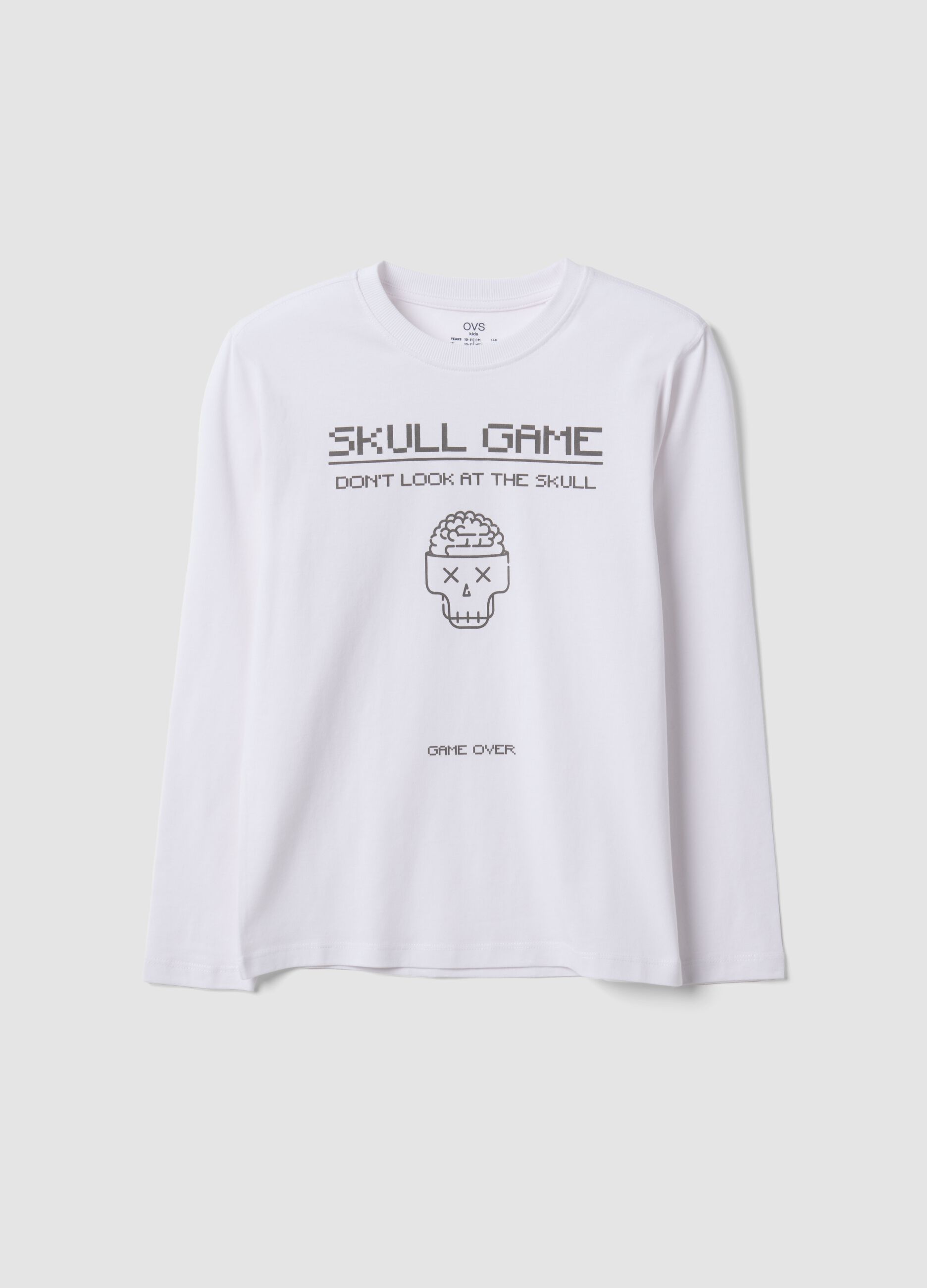 T-shirt blanc gar&ccedil;on en pur coton bio &agrave; col rond avec imprim&eacute; t&ecirc;te de mort