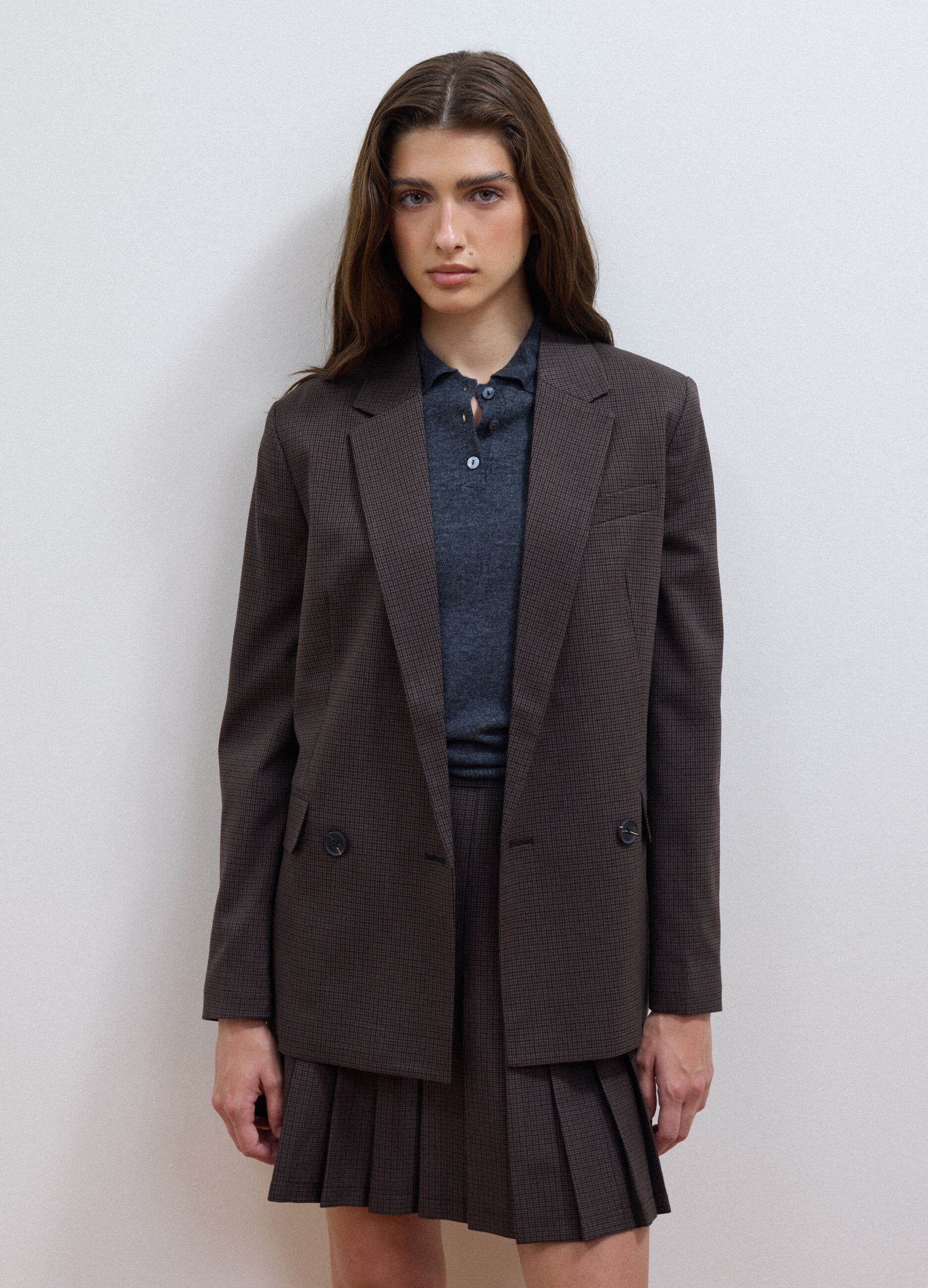 Blazer marrone in viscosa elasticizzata regular fit a microquadri