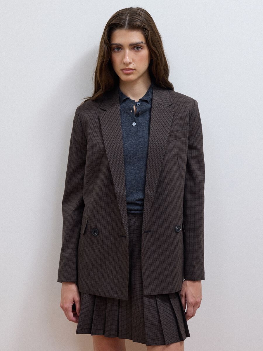 Blazer marrone in viscosa elasticizzata regular fit a microquadri_0