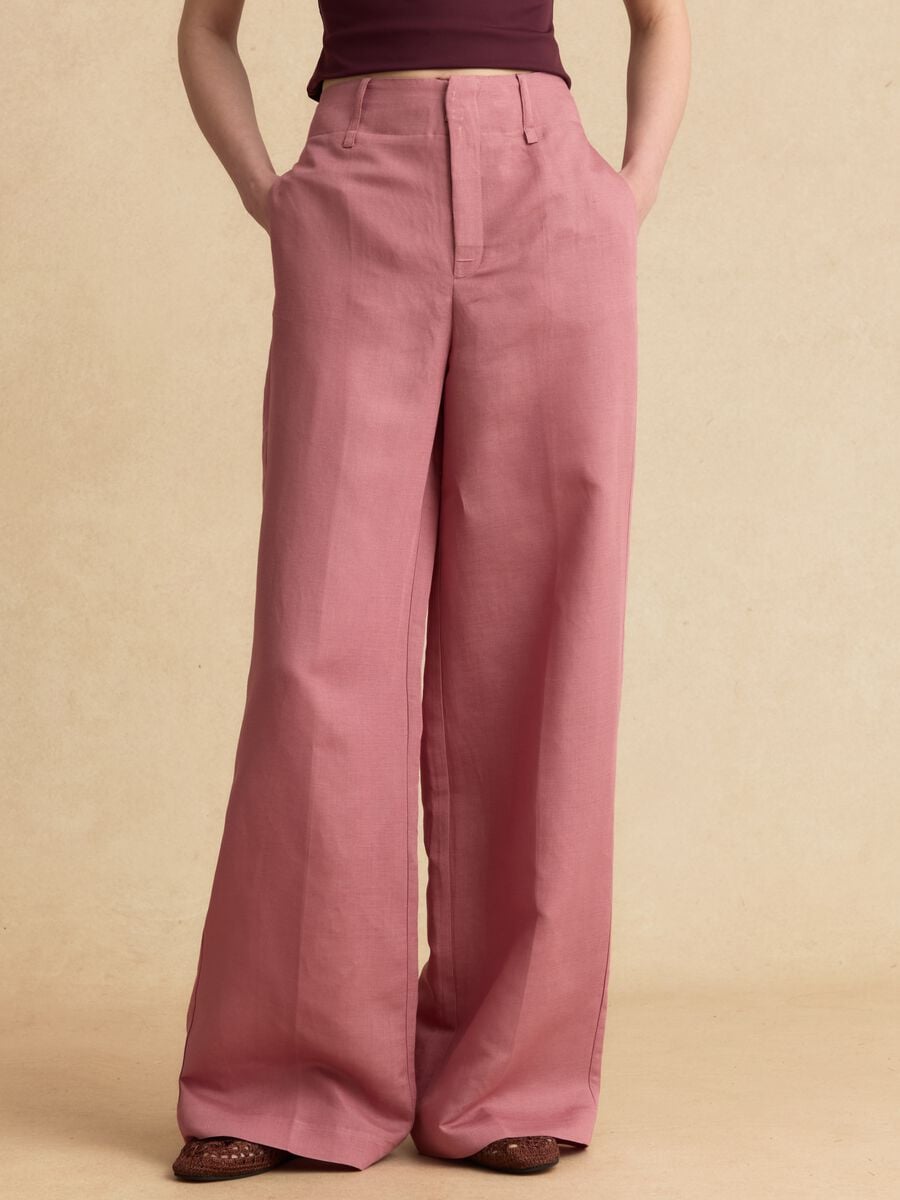 Pink linen-viscose blend wide-leg trousers with structured waistband_1