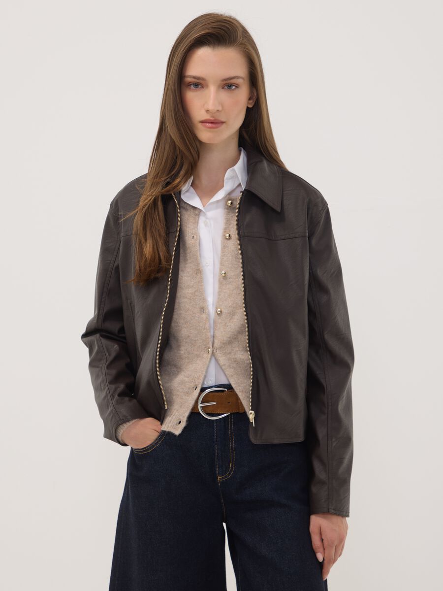 Brown jacket with zip fastening and slim-fit collar_0