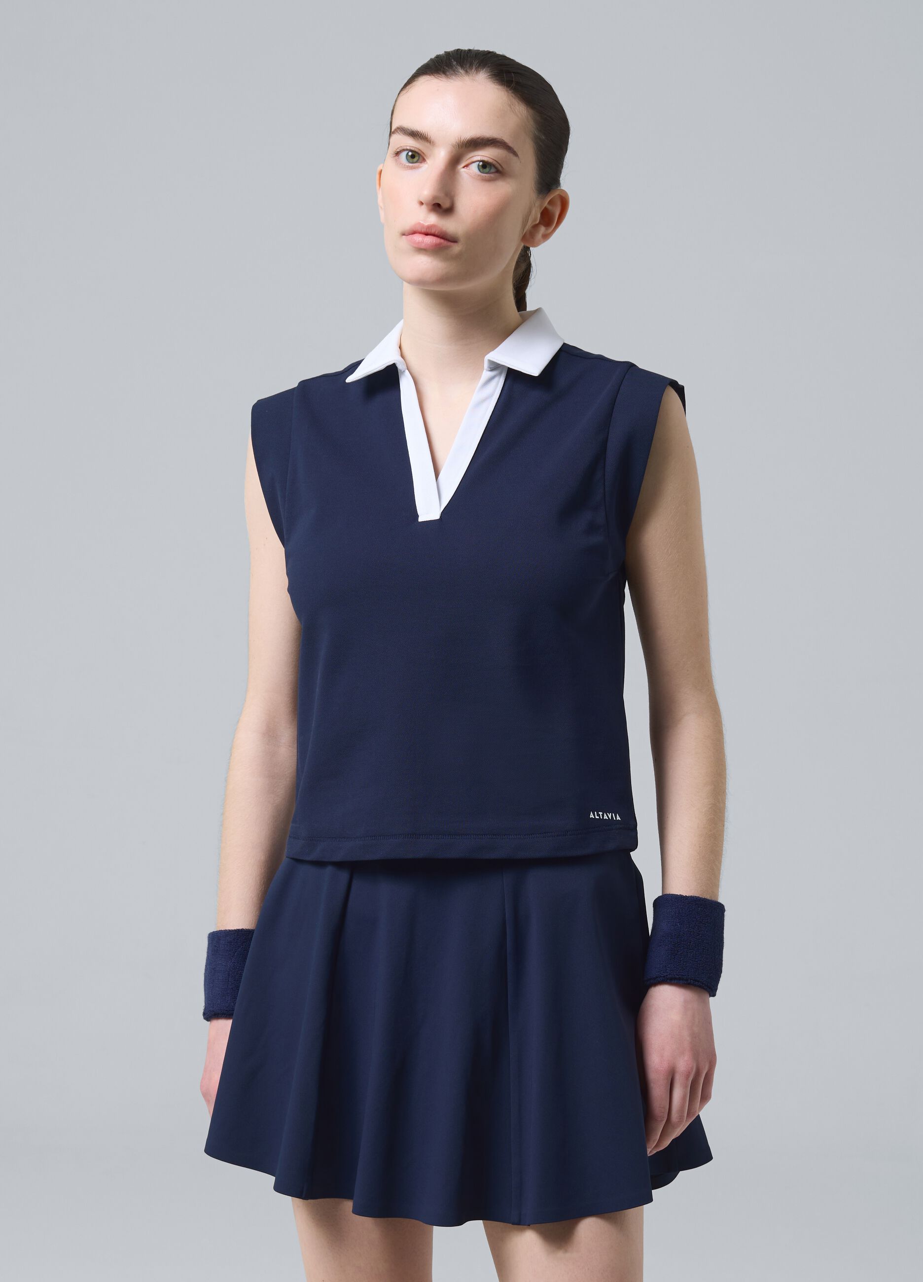 Blaue &auml;rmellose ALTAVIA COURT Poloshirt aus Stretch-Baumwolle mit klassischem Kragen
