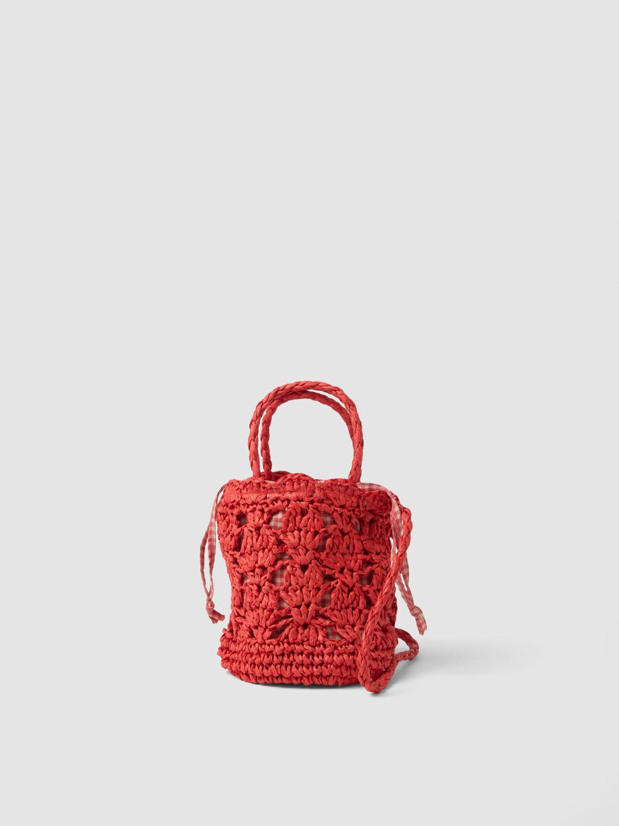 Orange shoulder bag in pure paper fabric with gingham insert_0