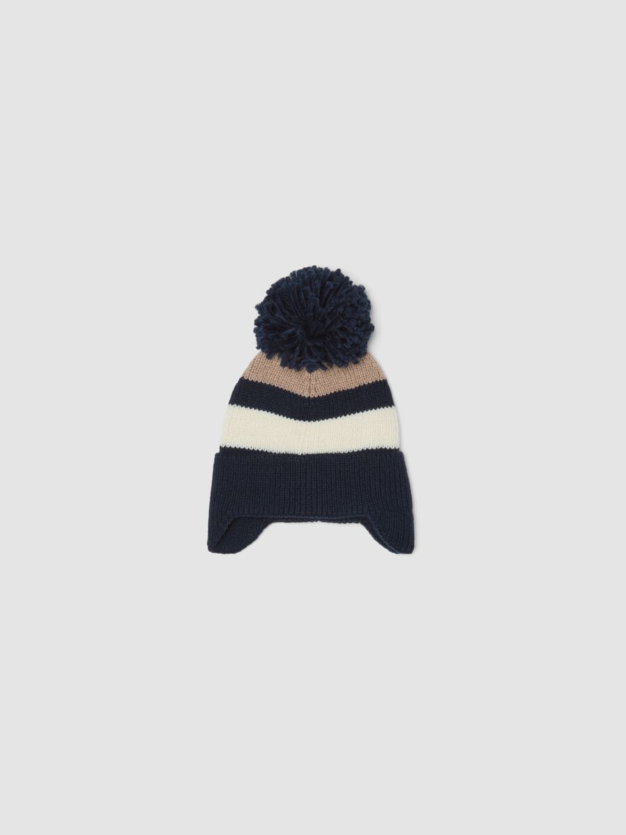 Cappello blu navy, avorio e beige chiaro con pon pon_0