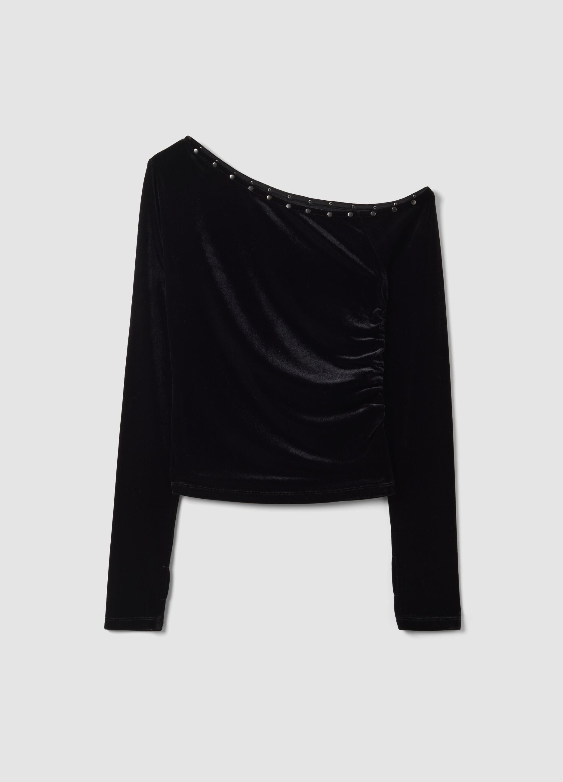 Black stretch-fabric T-shirt with wide asymmetric neckline, regular fit