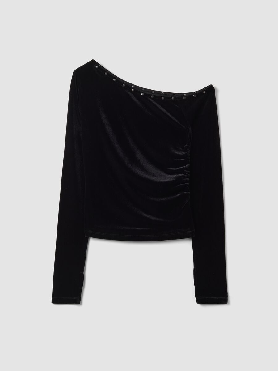 Black stretch-fabric T-shirt with wide asymmetric neckline, regular fit_0