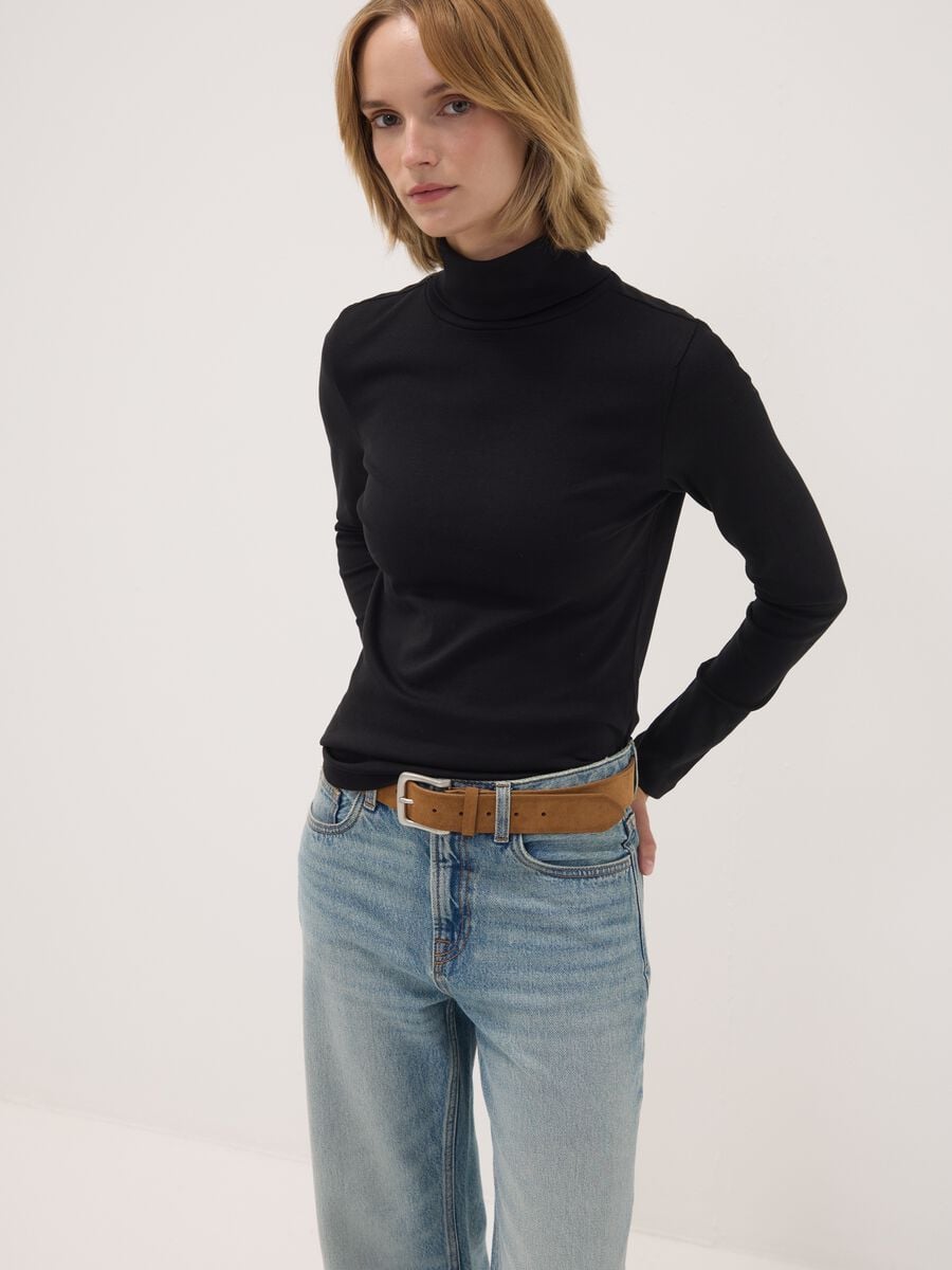 Black pure cotton long-sleeve crew-neck T-shirt_1