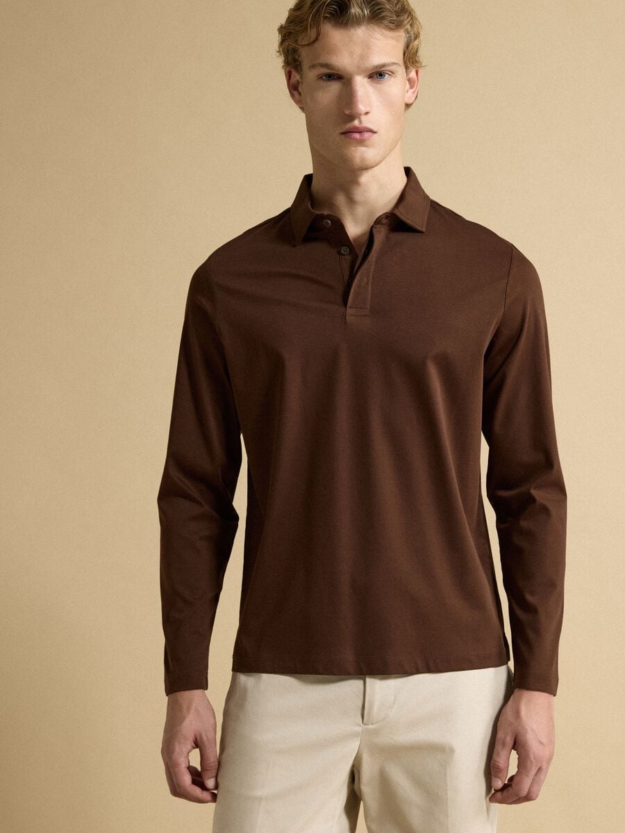 Polo castanho em algod&atilde;o puro de manga comprida_0
