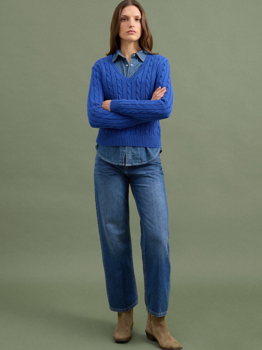 Blue pure cotton cable-knit jumper with deep V-neck_1