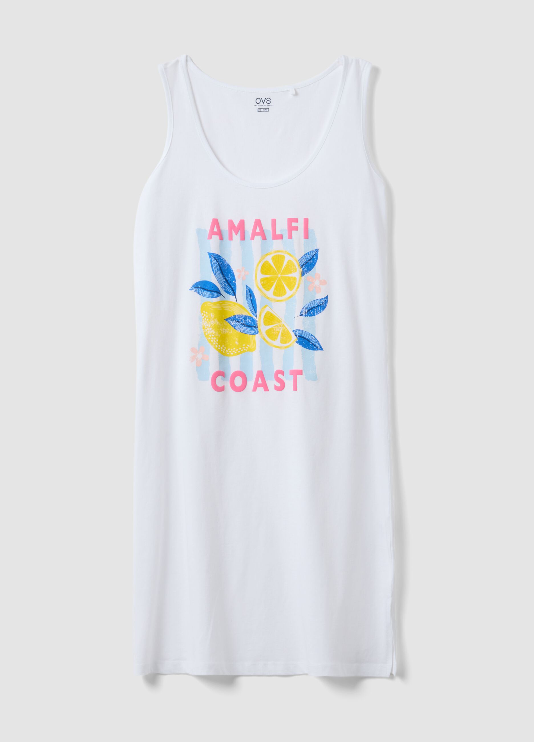 Sleeveless white pure cotton nightdress with print