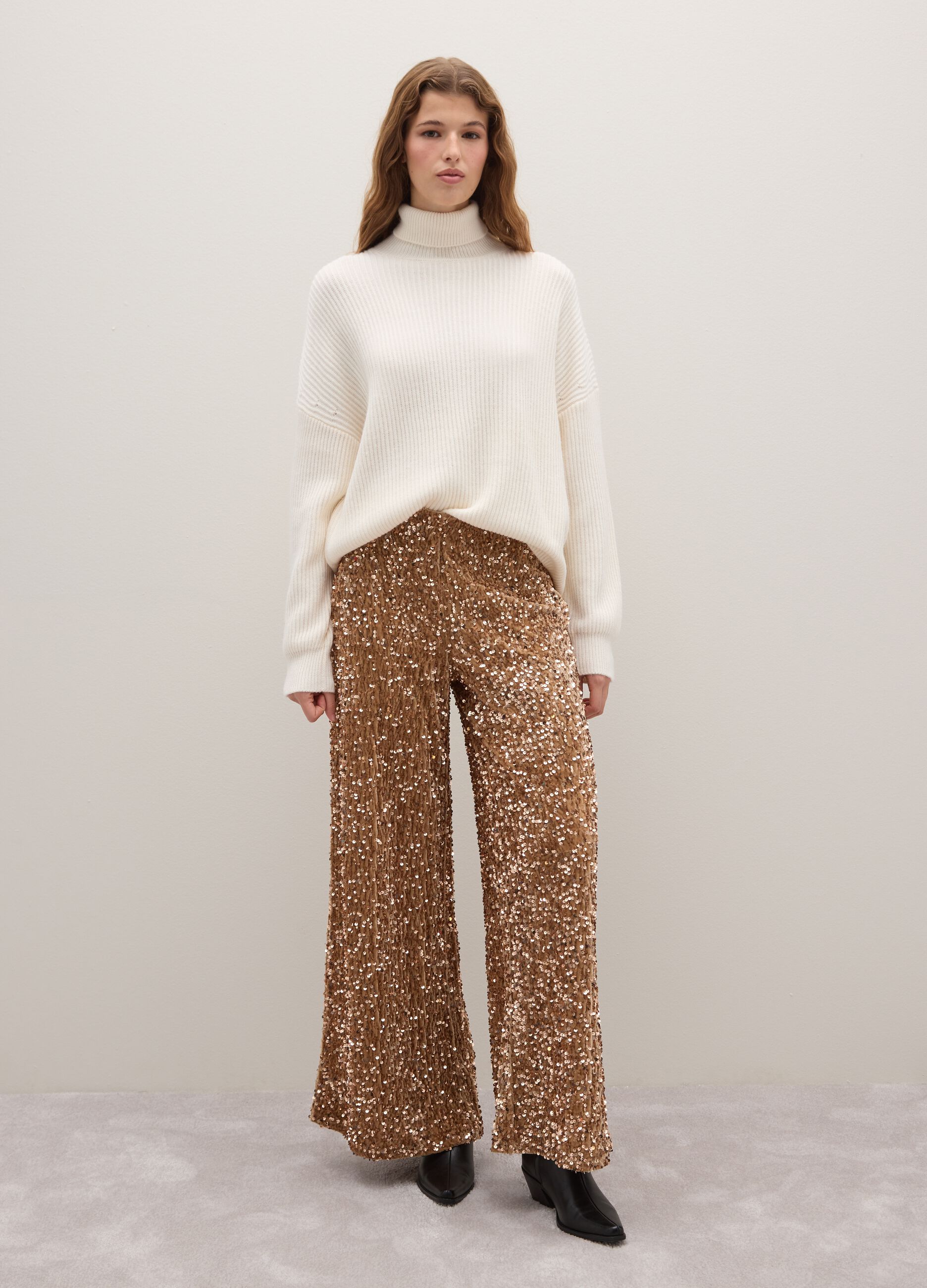 Beige Palazzo Trousers with Sequins